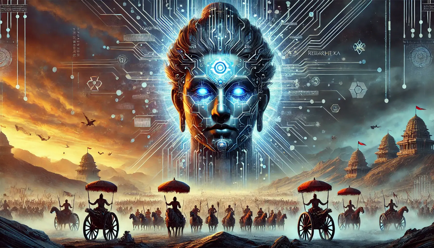 Barbarika as a futuristic warrior, facing forward with the Kurukshetra battlefield behind him.