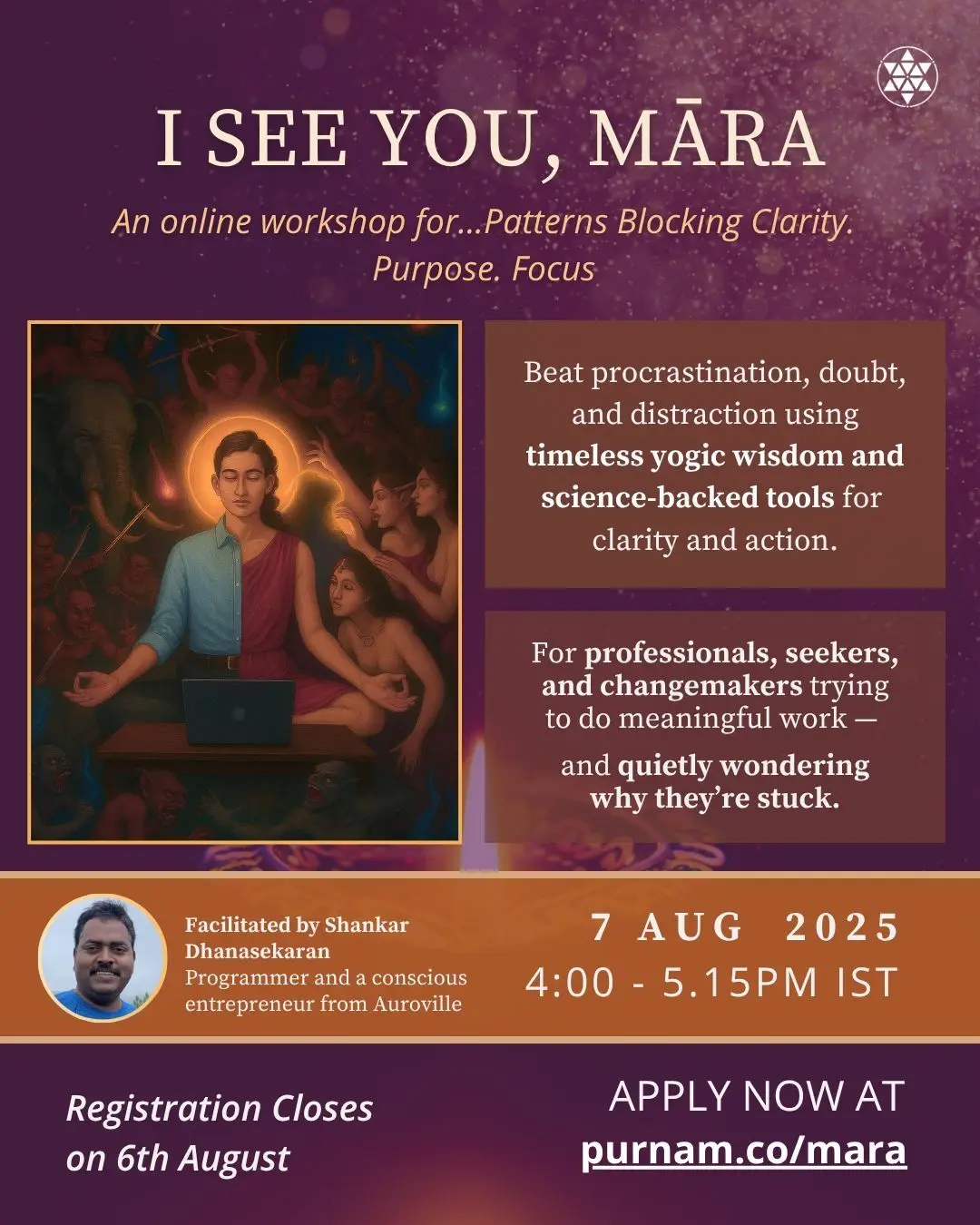 Poster for the I See You, Māra workshop: a person meditating at a laptop, haloed in light and surrounded by the figures of Māra's army.